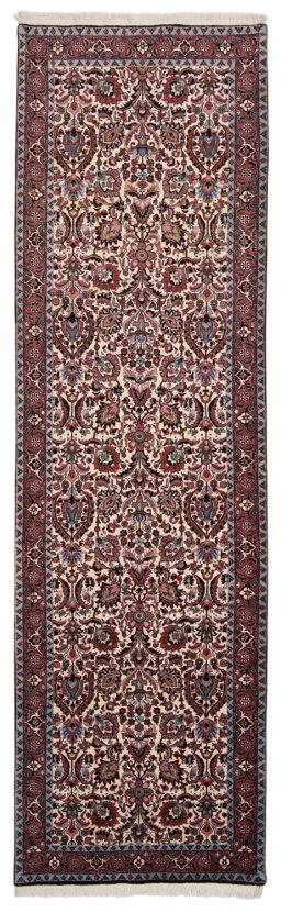 Full view of New Bijar rug from Iran / Persia, 305 × 90 cm in Multi Color tones