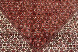 Corner detail of New Bijar rug showing border pattern and Wool pile