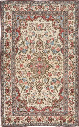 Full view of 1960s Ghom rug from Iran / Persia, 224 × 138 cm in Cream tones