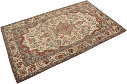Corner detail of 1960s Ghom rug showing border pattern and Wool pile