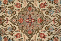 Central medallion detail of 1960s Ghom rug from Iran / Persia