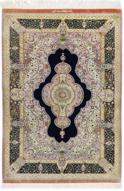Full view of New Ghom rug from Iran / Persia, 146 × 99 cm in Black tones