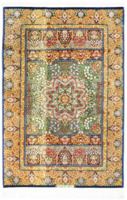 Full view of New Ghom rug from Iran / Persia, 149 × 100 cm in Green tones