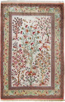 Full view of New Ghom rug from Iran / Persia, 145 × 99 cm in Cream tones