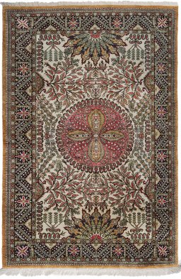 Full view of 1970s Ghom rug from Iran / Persia, 158 × 110 cm in Cream tones