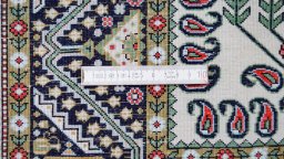 Full view of 1970s Ghom rug from Iran / Persia, 158 × 110 cm in Cream tones