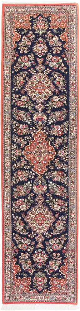 Full view of 1990s Ghom rug from Iran / Persia, 326 × 85 cm in Dark blue tones