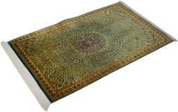 Corner detail of 1990s Ghom rug showing border pattern and Silk pile