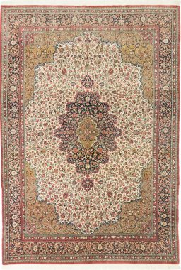 Full view of 1980s Ghom rug from Iran / Persia, 307 × 215 cm in Cream tones