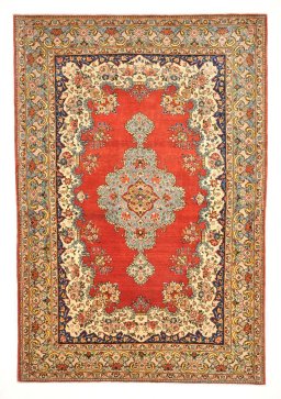 Full view of 1950s Ghom rug from Iran / Persia, 203 × 138 cm in Red tones
