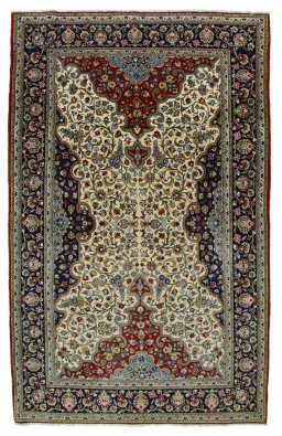 Full view of 2000s Ghom rug from Iran / Persia, 236 × 147 cm in Beige tones