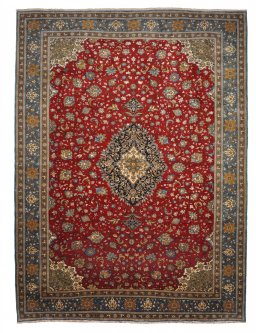 Full view of 1970s Ghom rug from Iran / Persia, 414 × 305 cm in Red tones