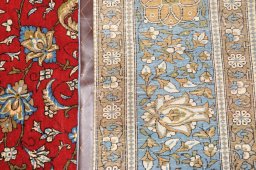 Surface texture of 1970s Ghom rug with natural Wool and intricate pattern