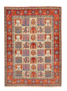 Full view of 1950s Ghom rug from Iran / Persia, 197 × 140 cm in Multi Color tones