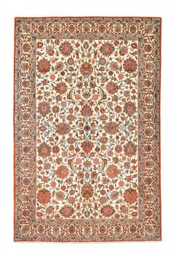 Full view of 1950s Ghom rug from Iran / Persia, 208 × 135 cm in Beige tones