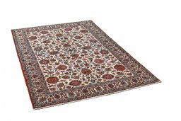 Corner detail of 1950s Ghom rug showing border pattern and Wool pile