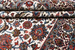 Full view of 1950s Ghom rug from Iran / Persia, 208 × 135 cm in Beige tones