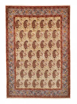 Full view of 1950s Ghom rug from Iran / Persia, 201 × 138 cm in Beige tones