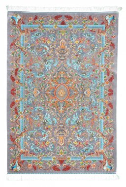 Full view of New Ghom rug from Iran / Persia, 208 × 134 cm in Gray tones