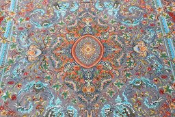 Close-up detail of New Ghom rug from Iran / Persia showing Silk weave