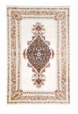 Full view of New Ghom rug from Iran / Persia, 206 × 136 cm in Beige tones