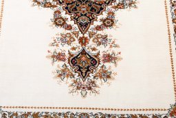 Backside of handmade New Ghom rug showing knot structure and weave density