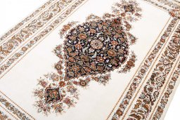 Full view of New Ghom rug from Iran / Persia, 206 × 136 cm in Beige tones
