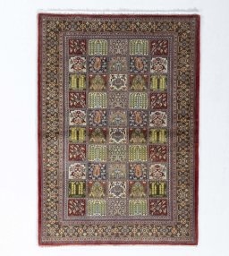 Full view of 2000s Ghom rug from Iran / Persia, 151 × 106 cm in Multi Color tones