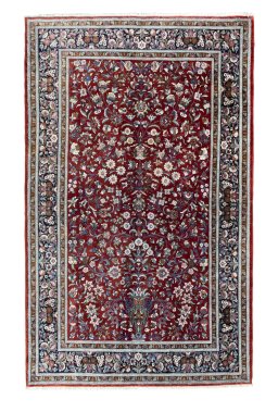 Full view of 1970s Ghom rug from Iran / Persia, 218 × 136 cm in Red tones