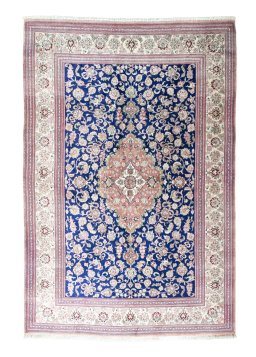 Full view of 2000s Ghom rug from Iran / Persia, 198 × 133 cm in Blue tones