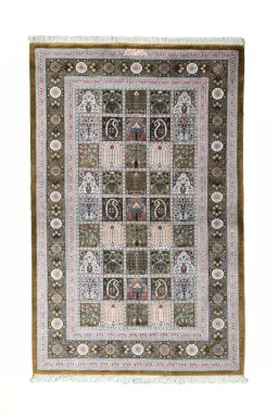 Full view of New Ghom rug from Iran / Persia, 120 × 77 cm in Multi Color tones