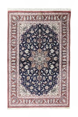 Full view of 2000s Ghom rug from Iran / Persia, 118 × 77 cm in Blue tones