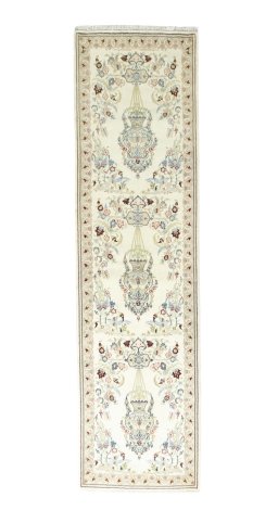 Full view of New Ghom rug from Iran / Persia, 300 × 81 cm in Beige tones