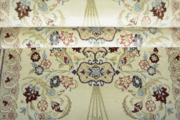 Full view of New Ghom rug from Iran / Persia, 300 × 81 cm in Beige tones