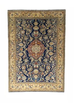 Full view of New Ghom rug from Iran / Persia, 306 × 214 cm in Blue tones