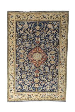 Full view of New Ghom rug from Iran / Persia, 305 × 205 cm in Blue tones