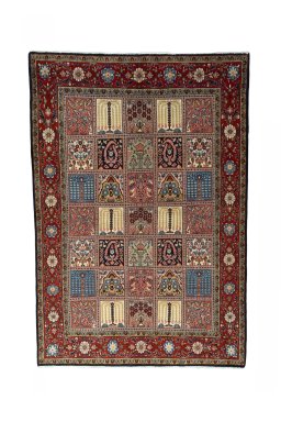 Full view of New Ghom rug from Iran / Persia, 198 × 136 cm in Multi Color tones