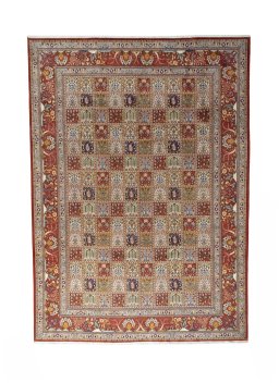 Full view of New Ghom rug from Iran / Persia, 343 × 246 cm in Multi Color tones