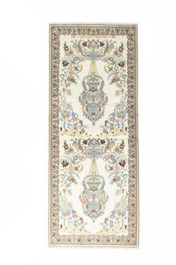 Full view of New Ghom rug from Iran / Persia, 193 × 80 cm in Beige tones