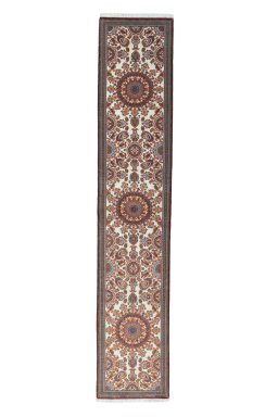 Full view of New Ghom rug from Iran / Persia, 397 × 78 cm in Beige tones