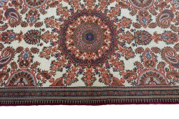 Full view of New Ghom rug from Iran / Persia, 397 × 78 cm in Beige tones