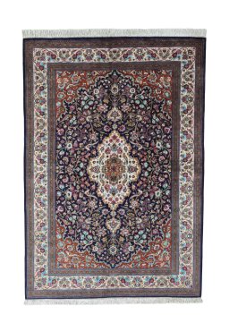 Full view of 1970s Ghom rug from Iran / Persia, 200 × 140 cm in Blue tones