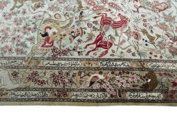 Corner detail of 2000s Ghom rug showing border pattern and Silk pile