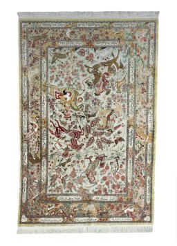 Full view of 2000s Ghom rug from Iran / Persia, 202 × 134 cm in Beige tones