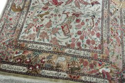 Close-up detail of 2000s Ghom rug from Iran / Persia showing Silk weave