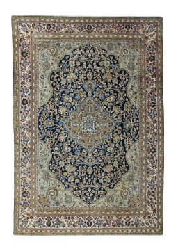 Full view of 1970s Ghom rug from Iran / Persia, 325 × 225 cm in Blue tones
