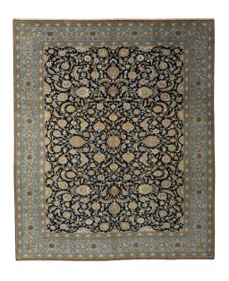 Full view of 1950s Ghom rug from Iran / Persia, 395 × 332 cm in Blue tones