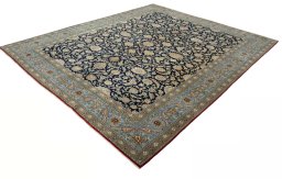 Corner detail of 1950s Ghom rug showing border pattern and Cork pile