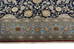 Full view of 1950s Ghom rug from Iran / Persia, 395 × 332 cm in Blue tones