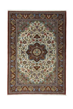 Full view of 2000s Ghom rug from Iran / Persia, 200 × 141 cm in Beige tones